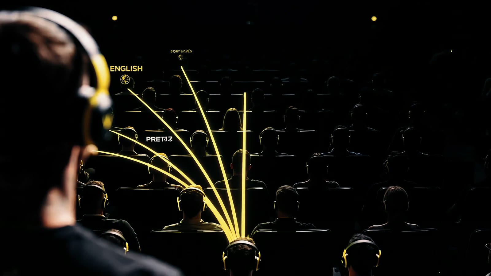 An audience wearing headphones, each listener connected to the stage in their own language