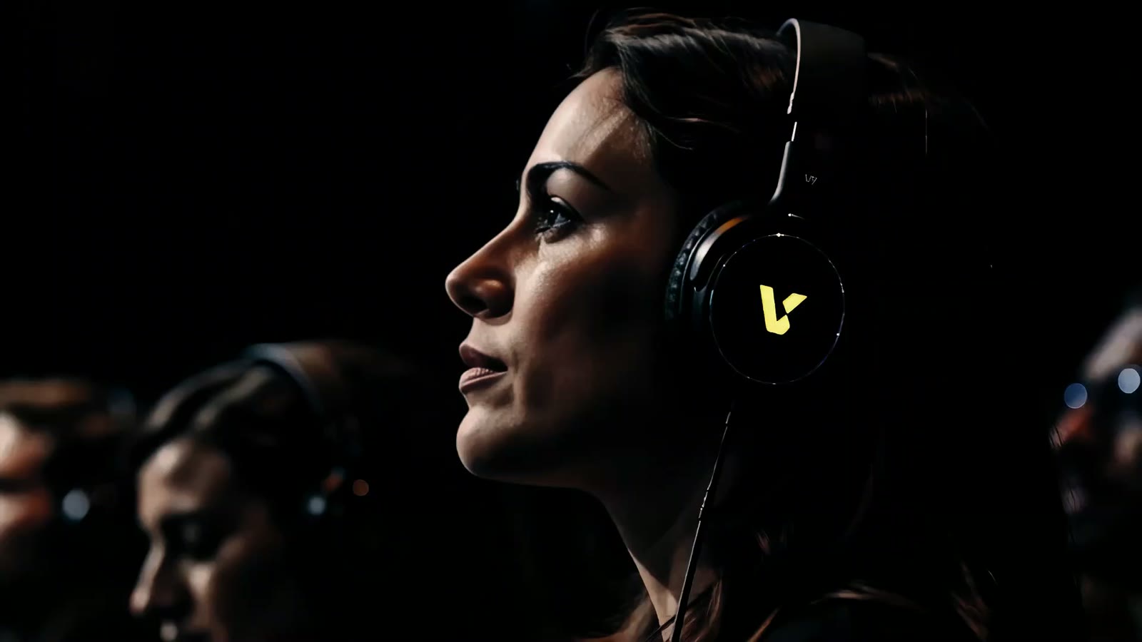 An attendee listening through headphones