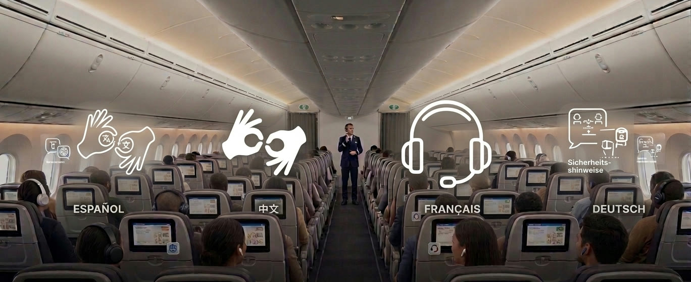 Passengers hearing the cabin announcement each in their own language