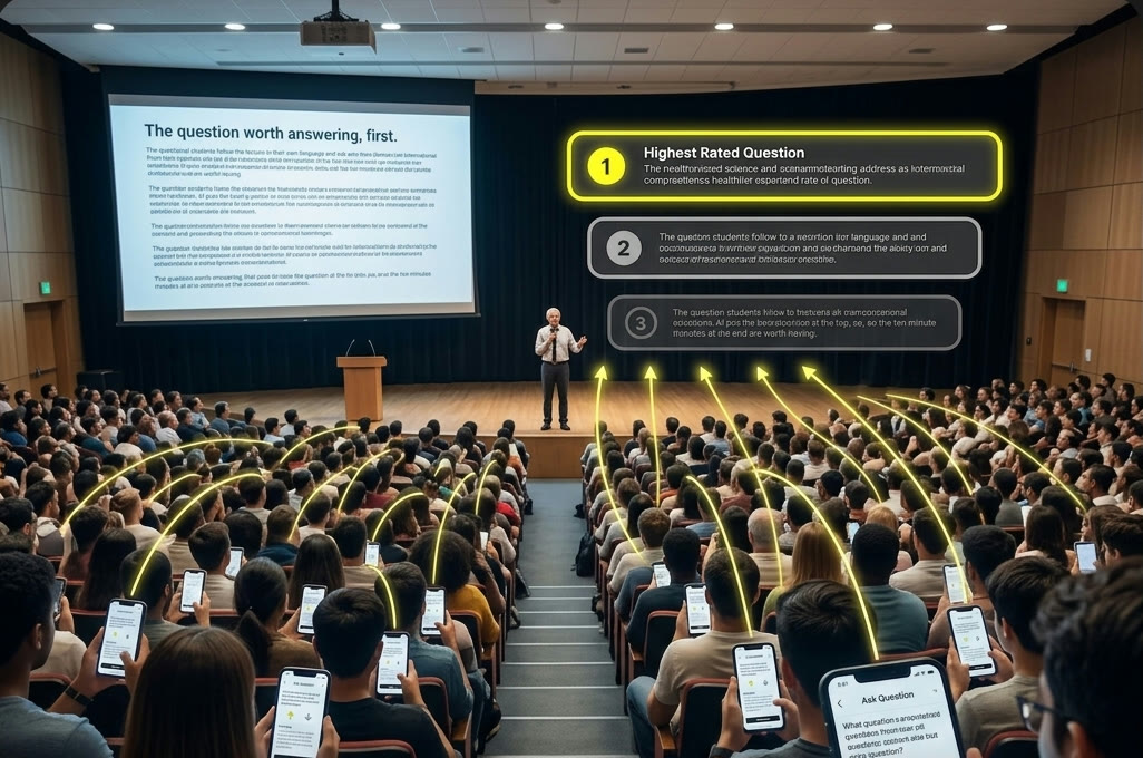 A professor and students asking ranked questions from their phones