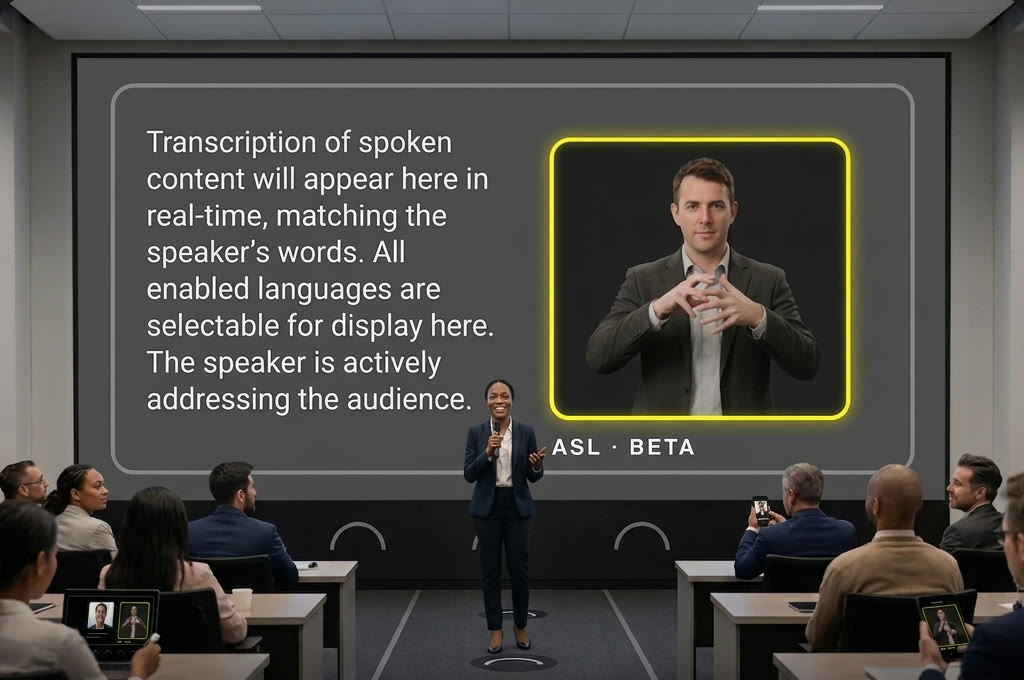 A conference talk with the sign-language avatar on the room screen