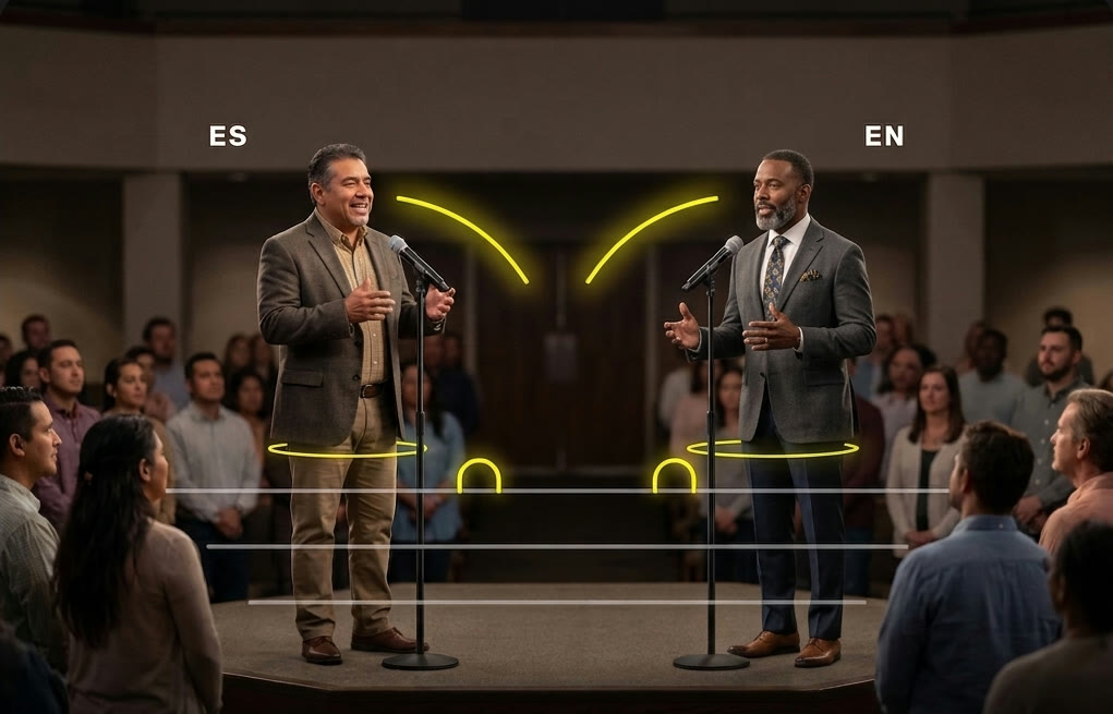 Two pastors preaching side by side, each heard in a different language